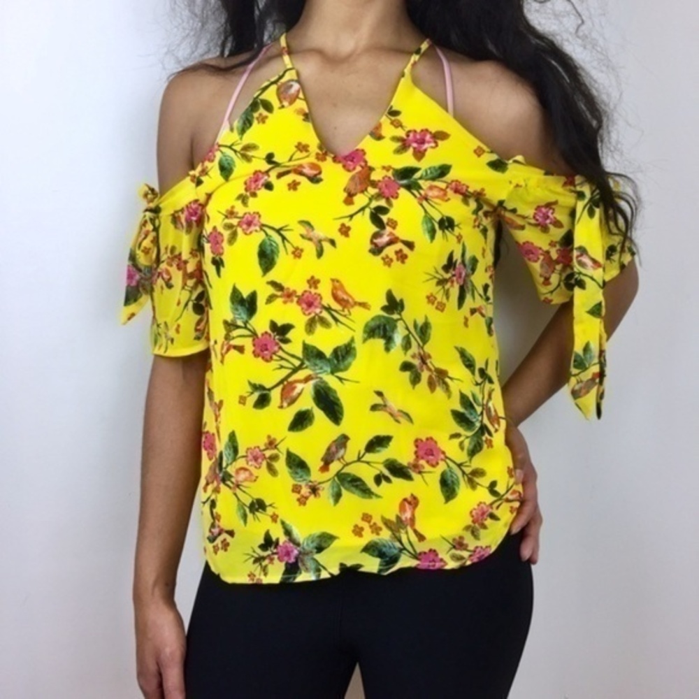 Monteau‎ Womens Size S Bird & Floral Off The Shoulder Chiffon Blouse